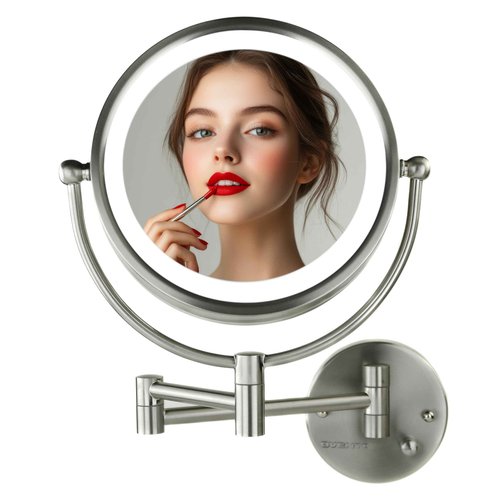 OVENTE Wall Mounted Lighted Makeup Vanity Mirror, 9" Hard Wired Double Sided 1X/7X Magnifying Bathroom Mirror, Dimmable LED Lights, 360° Rotation and 14" Extendable Arm, Nickel Brushed MPWD3185BR1X7X
