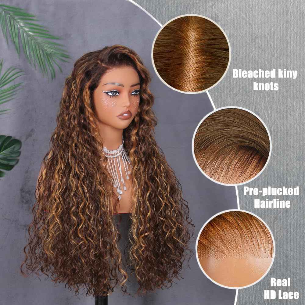 34 Inch Highlight Curly Wig Human Hair 9x6 Deep Wave HD Lace Front Wigs Human Hair 4/27 Colored Deep Curly Lace Frontal Wigs C Part Wig for Woman Pre Plucked with Natural Hairline 220% Density