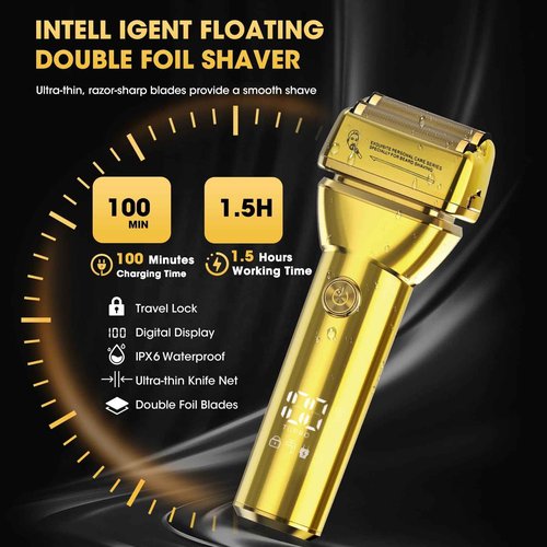 Dumite 4-in-1 Hair Clippers for Men, Professional Cordless Barber Hair Cutting Kit, T-Blade Trimmer, Electric Foil Shaver, Nose Hair Trimmer, LCD Display, Grooming Gift Set (Gold)