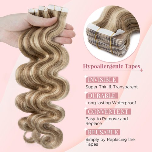SEGOHAIR Wavy Tape In Hair Extensions Real Human Hair with Double-Sided Adhesive Professional Hair Extensions for Women 20pcs Body Wave 22 Inches Medium Brown Mixed Bleach Blond