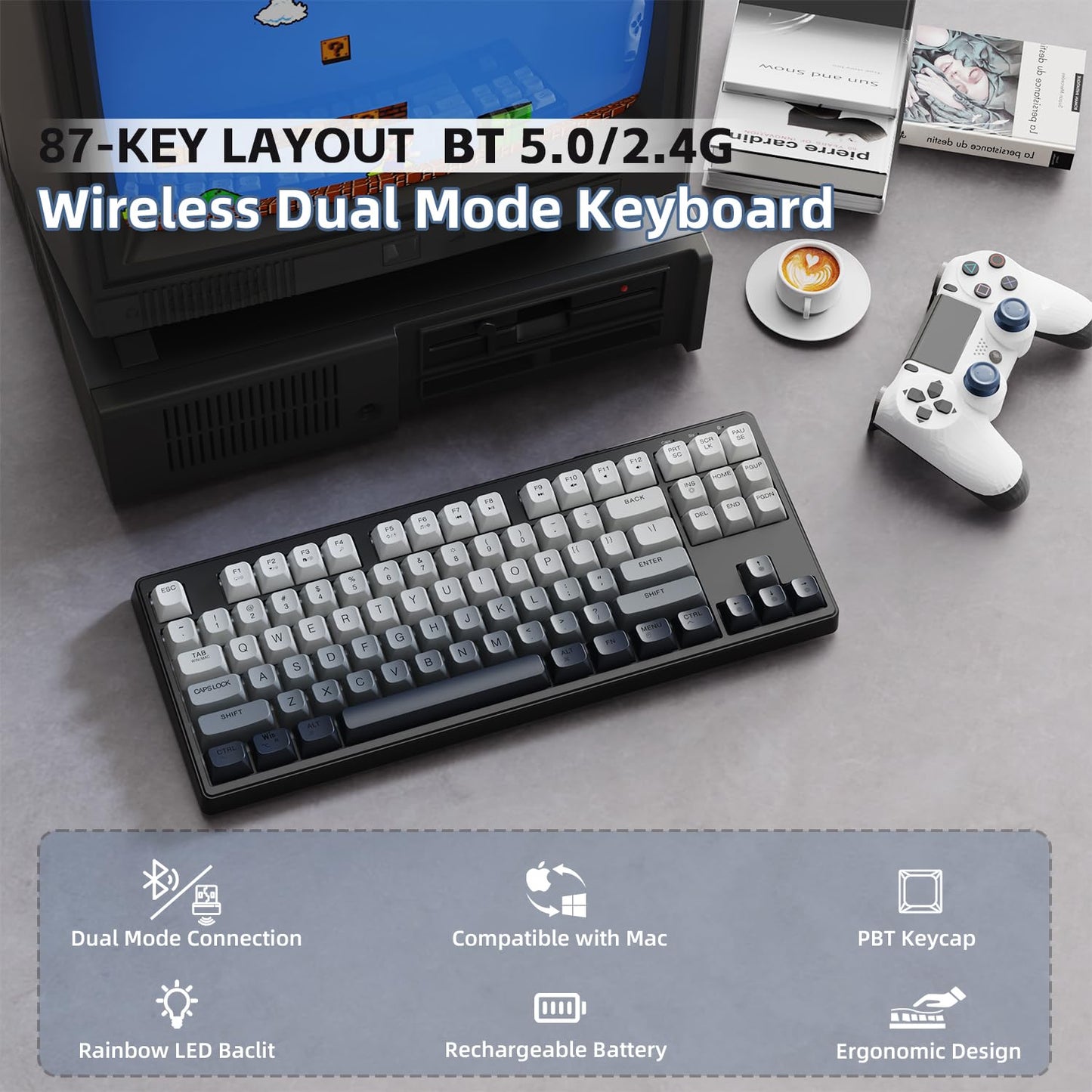 ZIYOU LANG M87 75% Wireless Gaming Keyboard Mechanical Feel Silent Rainbow Backlit Bluetooth/2.4Ghz PBT Gradient Keycaps Rechargeable 4000mAH Battery Ergonomic for MAC/Win/PC-Moonnight
