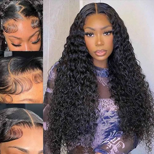 PXCPXC Deep Wave Frontal Wigs 180 Density 13x6 HD Lace Front Wigs Human Hair Pre Plucked with Baby Hair Transparent Glueless Brazilian Deep Wave Frontal Wigs for Women Natural Black Color(26inch)