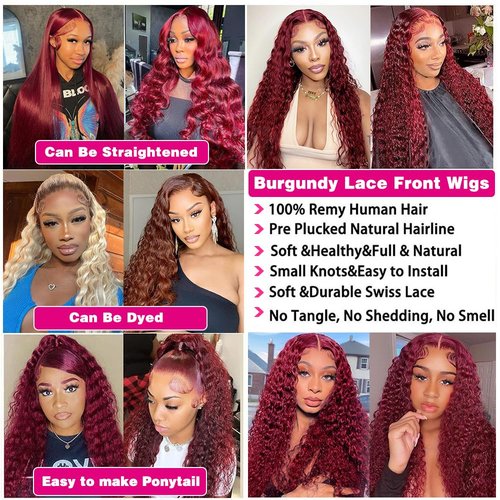 Fuduete 99J Burgundy Deep Wave 13x6 Lace Front Wigs Human Hair 200% Density Lace Frontal Wigs Human Hair Pre Plucked 99j Burgundy Deep Curly Wave HD Lace Front Wigs for Women (16Inch)