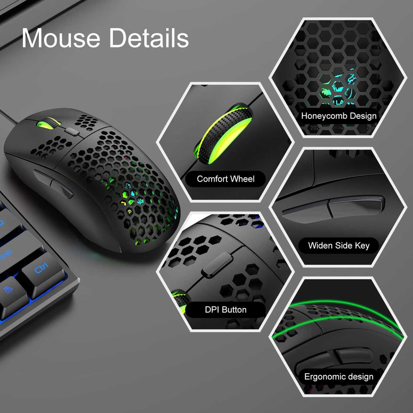 60% Gaming Keyboard Honeycomb Mouse and RGB Headset Comboith Rainbow Backlight Ergonomic 62Key Mechanical Feeling Adjustable 7200DPI Mice Stereo Sound Headphone for PS4 Xbox One PC Mac Gamer