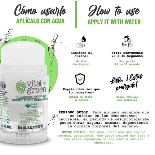 Vital Green Crystal Potassium Alum Deodorant with Aloe Vera – Unscented Mineral Deodorant for Sensitive Skin - 3.53 oz / 100 g (6 Units)