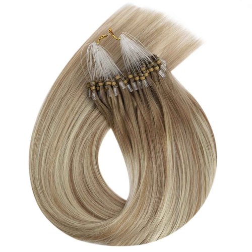 Ugeat Microlink Hair Extensions Ombre for Long Length 24 Inch Balayage Micro Bead Real Human Hair Extensions Light Brown Ombre Platinum Blonde Straight Cold Fusion with Micro Beads 50S 50S