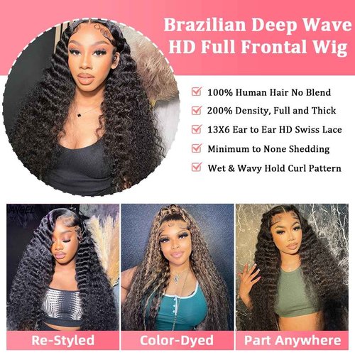 RJCY Deep Wave Lace Front Wigs 13x6 HD Transparent Human Hair Lace Front Wigs for Women 200 Density Deep Curly Human Hair Wigs Pre Plcked Deep Wave Frontal Wigs with Baby Hair 28 Inch