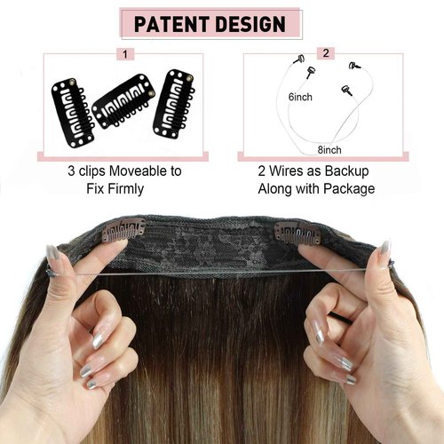 Ugrace Hair Wire Hair Extensions Real Human Hair Balayage Light Brown to Ash Brown and Bleach Blonde 20 inch 100g Transparent Invisible Fish Line Straight Clip in Human Hair Extensions for Women