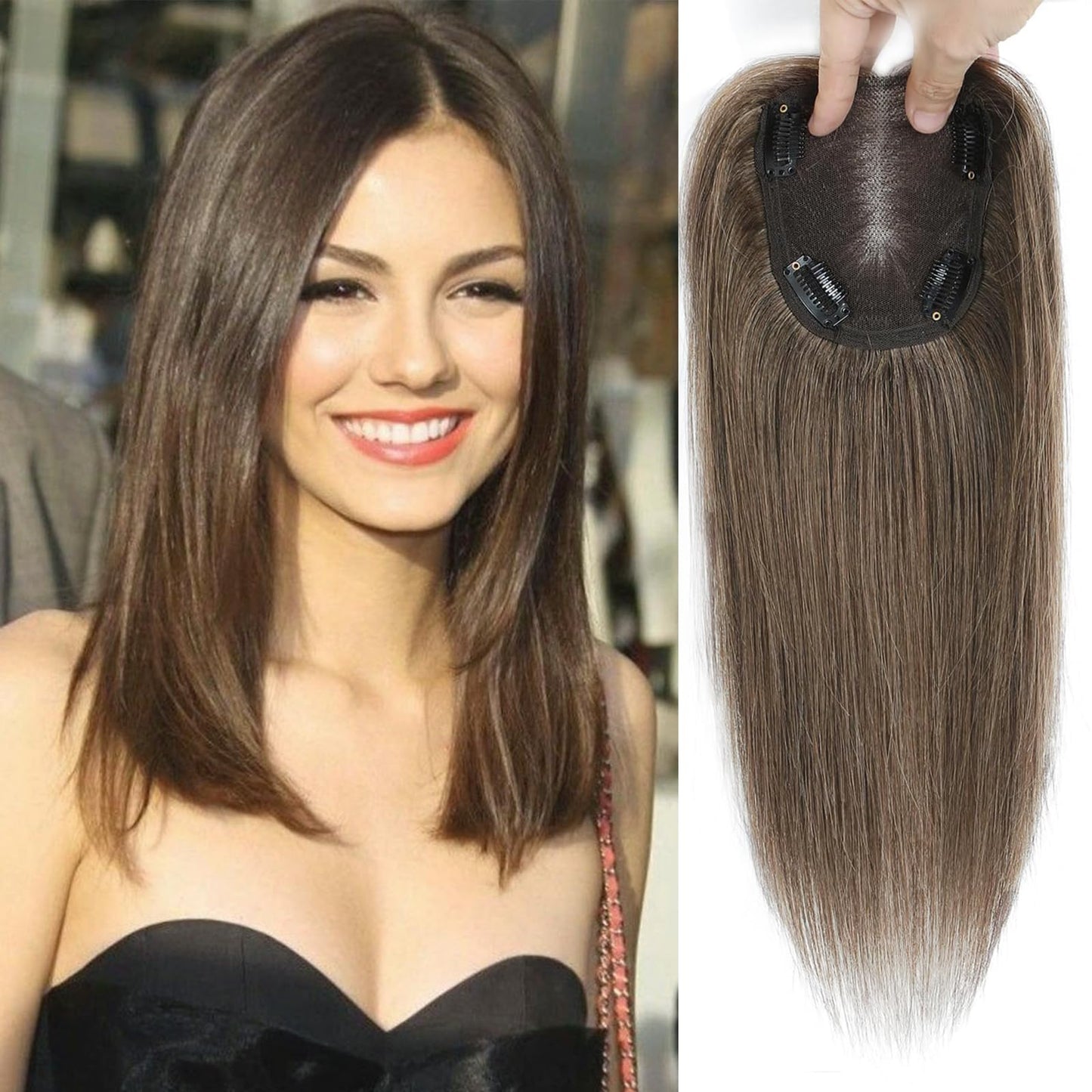 GULALUUK Hair Toppers for Women Human Hair Pieces for Women with ThiningHair Clip in Topper Hairpieces Wiglet Top HairPieces forWomen Cover GrayHair Medium Auburn Brown