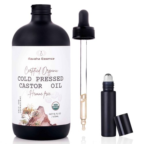 Aavaha Essence Organic Castor Oil – Cold-Pressed, Hexane-Free, 100% Pure & USDA Certified – Cold Pressed Oil for Hair, Skin, Eyelashes & Brows – 16 oz Glass Bottle with Dropper + Mini Glass Roll-On