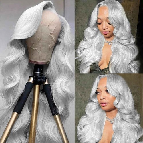Munx Body Wave Lace Front Wig Human Hair 13x6 HD Transparent Lace Frontal Wigs with Baby Hair Silvery Grey Lace Front Wigs Human Hair 28 Inch 180% Density Pre Plucked Wig for Women