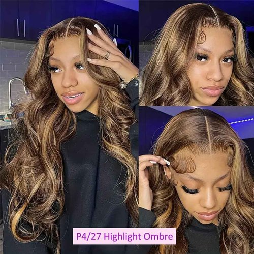 UMEGIRL 22 Inch 5x5 HD Lace Closure Wigs Human Hair Body Wave Wear and Go Glueless Wigs Pre Plucked Pre Cut P4/27 Honey Blonde Highlight Ombre Lace Front Wig Human Hair Wig 180% Density
