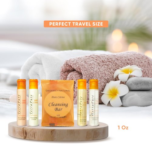 Terra Pure Wild Citrus Hotel Amenities Set | 1-Shoppe Amenities Kit | 1oz Shampoo, Conditioner, Body Wash, Lotion, Bar Soap | Travel Size | 300 Pieces