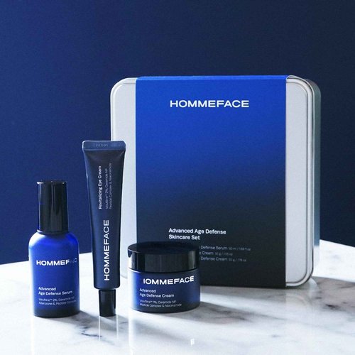 HOMMEFACE Men’s Advanced Age Defense 3-Piece Anti-Aging Skincare Set - Facial Serum, Eye Cream & Face Cream - Korean Skincare Technology with Volufiline, Ceramide, Hyaluronic Acid & Peptides
