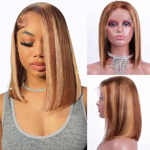 Flady Honey Blonde Bob wig Human Hair 13x4 HD Frontal Lace Wigs 150% Density 4/27 Highlight Bob Lace Front Wigs Human Hair Pre Plucked Ombre Color Short Straight Bob Wigs for Black Women 14 inch