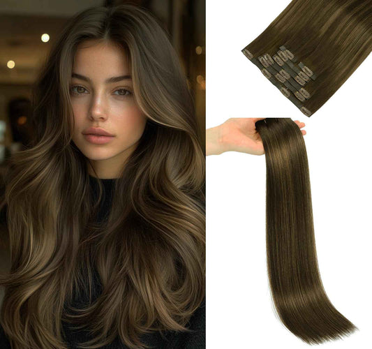 LOVELINE Seamless Clip in Hair Extensions Real Human Hair, Luxury Remy Human Hair Extensions Clip ins for Women, 16 Inch 110g 7Pcs, Balayage Dark Brown to Chestnut Brown