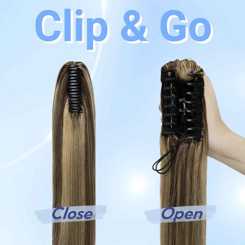 FUOTONBUTY Claw Clip Ponytail Extension 100% Real Remy Human Hairpiece Pony Tails Hair Extensions Long Straight Ponytail for Women (14 inch, Balayage Dark Brown to Chestnut Brown)