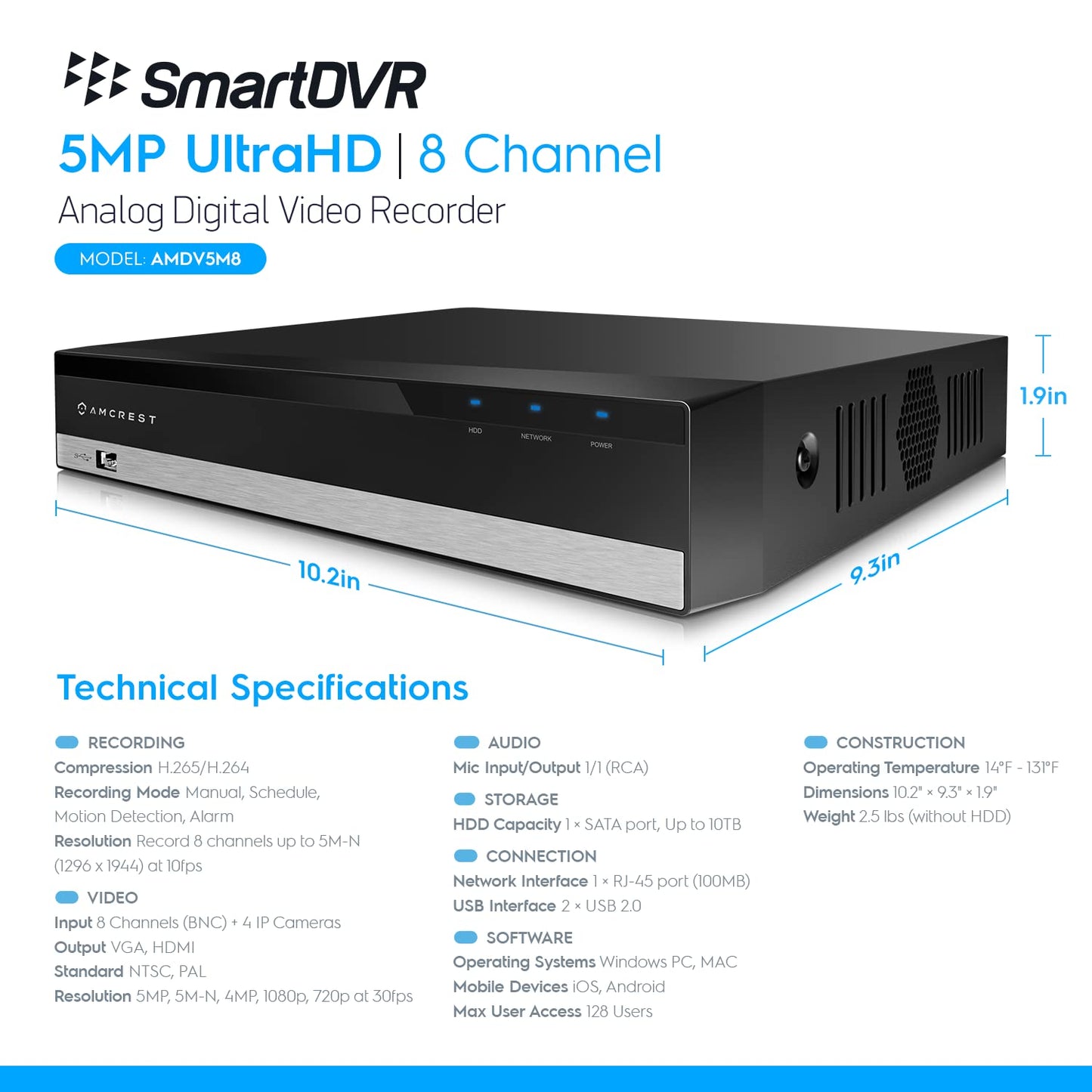 Amcrest 5MP UltraHD 8 Channel DVR Security Camera System Recorder, 5MP Security DVR for Analog Security Cameras, Remote Smartphone Access, HDD & Cameras NOT Included (AMDV5M8)