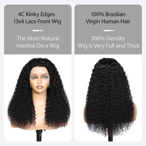 Qmaple 4C Edges Kinky Curly Lace Front Wigs Human Hair 200% Density Deep Wave Curly Wig Pre-Plucked Hairline 13x4 HD Transparent Lace Frontal Wigs With Curly Edges Baby Hair（16 Inch Natural Black）