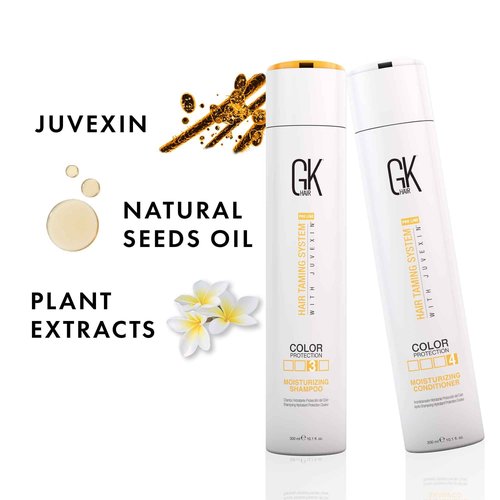 Global Keratin GK Hair Moisturizing Shampoo and Conditioner Set 300ml I Organic Argan Oil Hair Serum 50ml For Frizz Control Dry Damage Hair Repair I Vent Brush (2.5 Inch) Rubber Handle