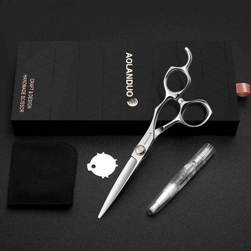 AOLANDUO Convex Edge Hair Cutting Scissors 6" Japanese VG10 Steel, Professional Salon Shears, Offset Handle, Ergonomic, Includes Case & Accessories, Silver White, 1 Count