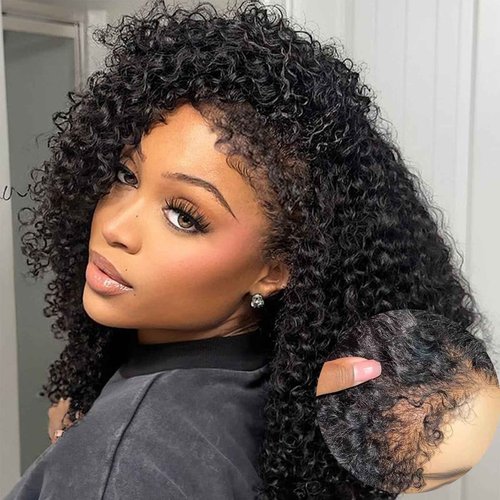 Qmaple 4C Edges Kinky Curly Lace Front Wigs Human Hair 200% Density Deep Wave Curly Wig Pre-Plucked Hairline 13x4 HD Transparent Lace Frontal Wigs With Curly Edges Baby Hair（16 Inch Natural Black）