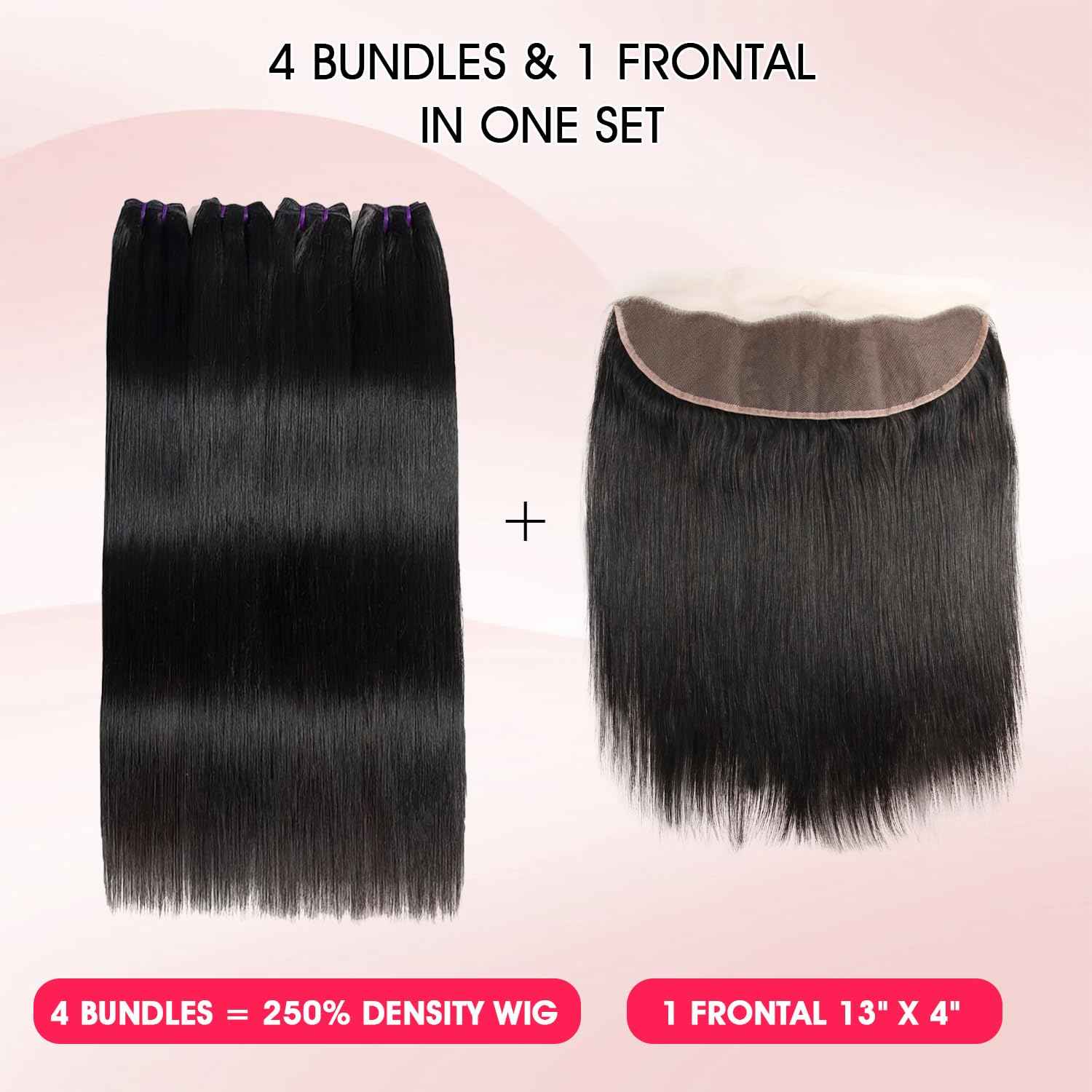 Human Hair Bundles with Frontal Closure (18 20 22 24+16,Free Part), 4 Bundles Human Hair with 13x4 HD Lace Frontal,100% 16A Virgin Brazilian Straight Human Hair Bundle Extensions Double Weft