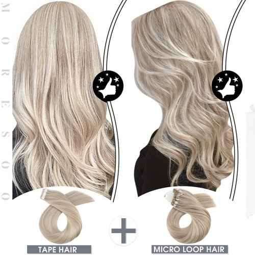 Bundles - Moresoo Remy Human Hair Tape in Extensions 16inch Blonde Mixed 20PCS/50G + Micro Loop Human Hair Extensions 16 Inch #18 Ash Blonde Mixed #613 Bleach Blonde 50g 50s