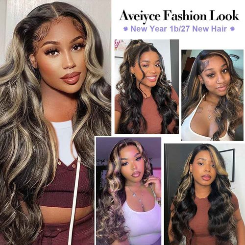 Aveiyce 13x6 Highlight Ombre Balayage Lace Front Wigs Human Hair 1b/27 Black and Blonde Lace Frontal Body Wave Wig Pre Plucked with Baby Hair for Black Women HD Transparent 180% Density Wig 18 Inch