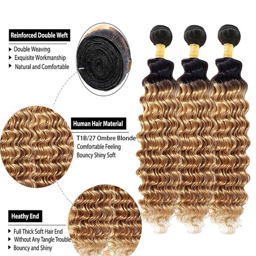 ZCMYVINND Hair Extension Color 1B27 Bundle 26 28 30 Inch Ombre Blonde Deep Wave Human Hair Bundles Brazilian Unprocessed Virgin Hair Two Tone Black Two Honey Blonde 3 Bundles