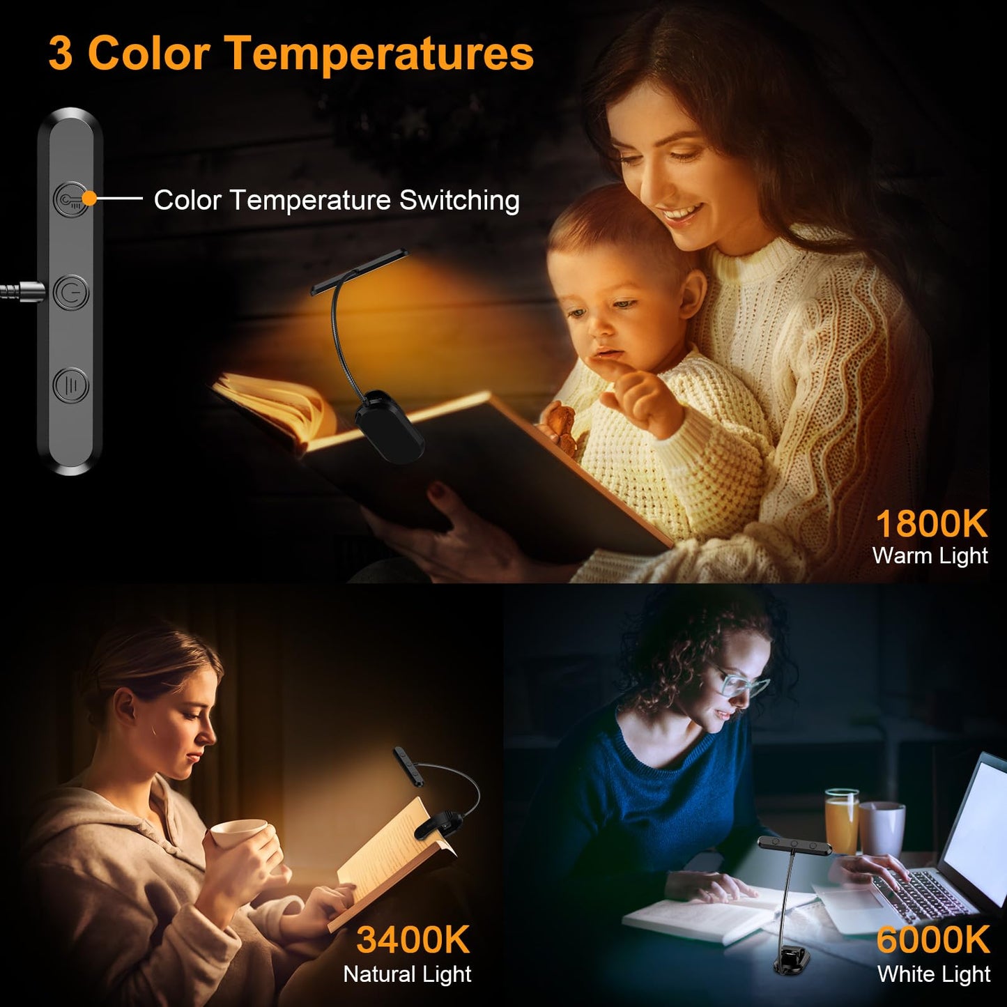 Gritin Rechargeable Book Light for Reading in Bed with 19 LED &Memory Function-Eye Caring 3 Color Temperatures,5 Brightness Levels,80 Hrs Runtime Flexible Goose Neck Clip on Light for Book Lovers