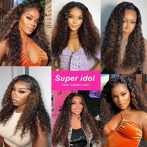 Super idol Ombre Highlight Lace Front Wigs Human Hair 1B/30 Black and Brown Deep Wave Wigs Honey Blonde Human Hair Pre Plucked with Baby Hair 150% Density (1B/30 Highlight Wig, 18 Inch)