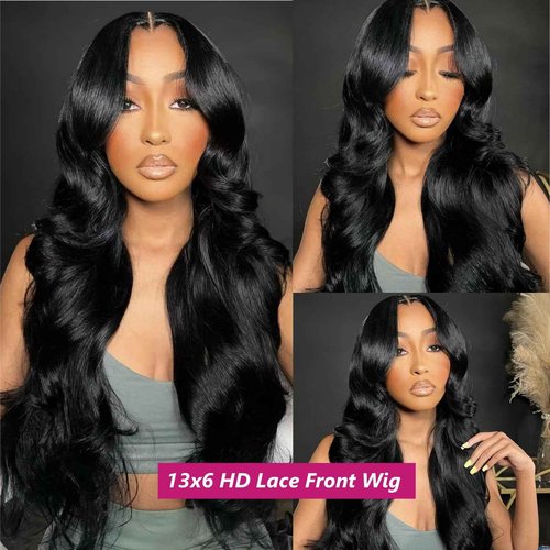 BMNH Body Wave Lace Front Wigs Human Hair Pre Plucked with Baby Hair HD Lace Front Wig 200 Density Natural Black Wig for Women Brazilian Virgin Human Hair Body Wave Wig (22 Inch)