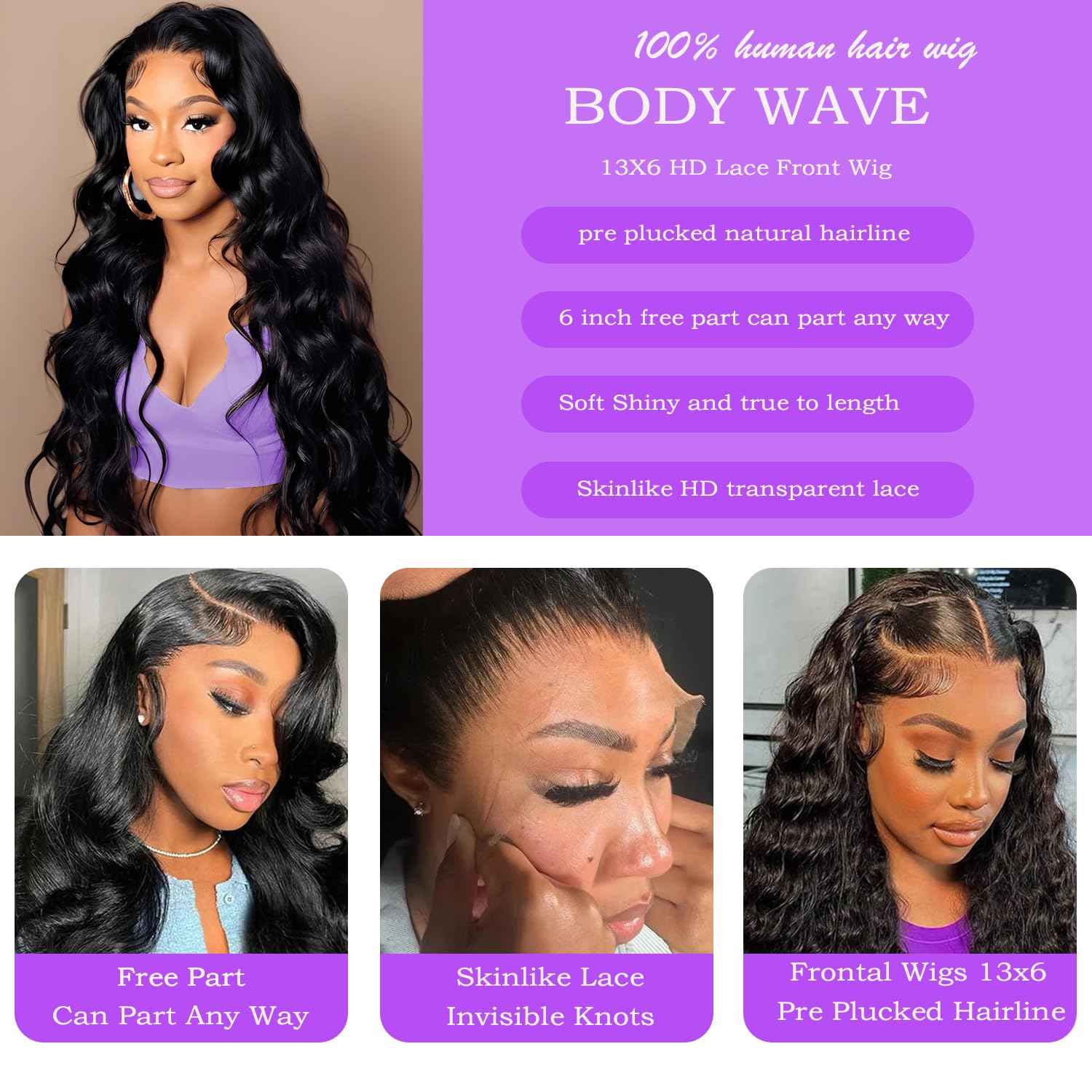 30 Inch 13x6 Body Wave Lace Front Wigs Human Hair 200% Density HD Lace Front Wigs Human Hair Pre Plucked Natural Color Glueless Wig 100% Virgin Lace Front Wigs for Women