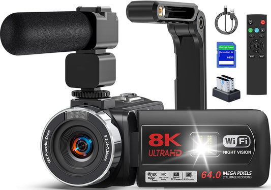 8K 64MP Video Camera Camcorder IR Night Vision Vlogging Camera 18X Zoom WiFi Digital Camera for YouTube 3.0'' Touch Screen Camcorder with 64GB SD Card, 2 Batteries, Remote Control, Mic and Stabilizer