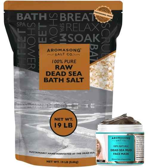 Aromasong 20 lbs Raw Dead Sea Bath Salt in Resealable Pack with 100% Pure Dead Sea Mud Facial Mask - 5 Minute Mask - No Ingredients Added