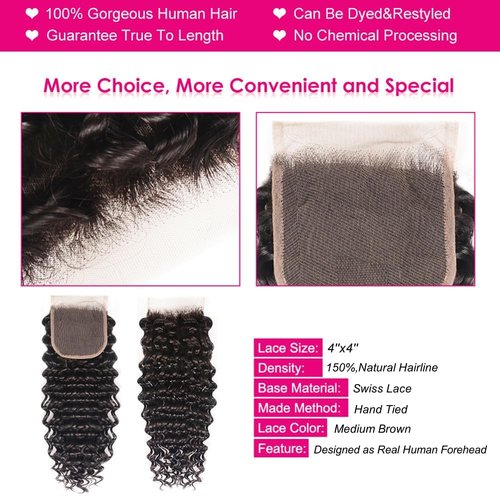 Deep Wave Bundles with Closure (12 14 16+10，Free Part) 100% Unprocessed Brazilian Virgin Hair Weave Bundles with Lace Closure Curly Virgin Human Hair Weft Natural Color for Black Women