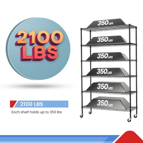 6 Tier Adjustable Metal Shelf Wire Shelving Unit Storage with Wheels 2100LBS Capacity 18" D x 48" W x 82" H for Restaurant Garage Pantry Kitchen Garage Rack,Black