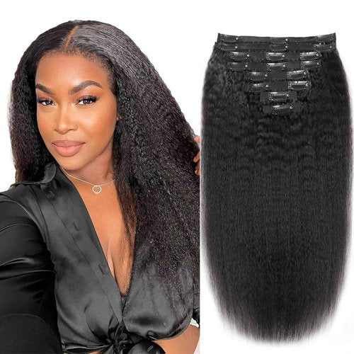 Seamless Clip in Hair Extensions Real Human Hair Kinky Straight Clip ins Brazilian Virgin Human Hair Extensions for Women 8Pcs PU Clip in Remy Hair Skin Weft 18Clips 120g (26inch,Natural Black)