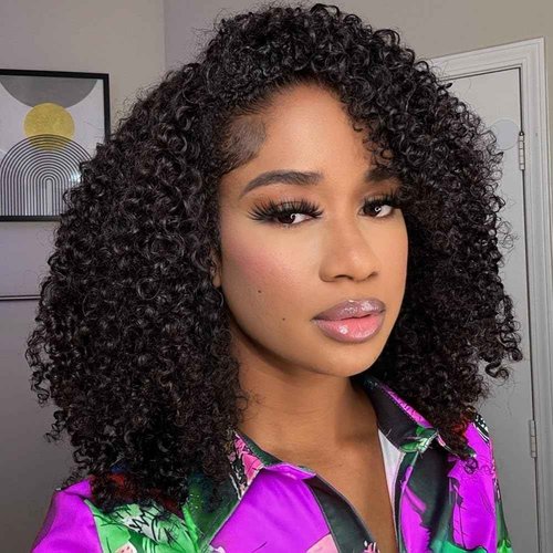 XNAIRA Kinky Curly Half Wig Human Hair 3 In 1 Seamless Flip Over Half Wigs Drawstring Curly Half Wigs for Women Human Hair Glueless Wear and Go Half Up Half Down Headband Wig Human Hair