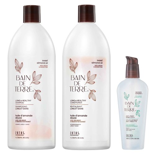 Bain de Terre Long & Healthy Shampoo and Conditioner Set & Shine Serum | Sweet Almond Oil | Fortifies & Strengthens Long, Growing Hair | Paraben Free | Color-Safe | 33.8 Fl Oz