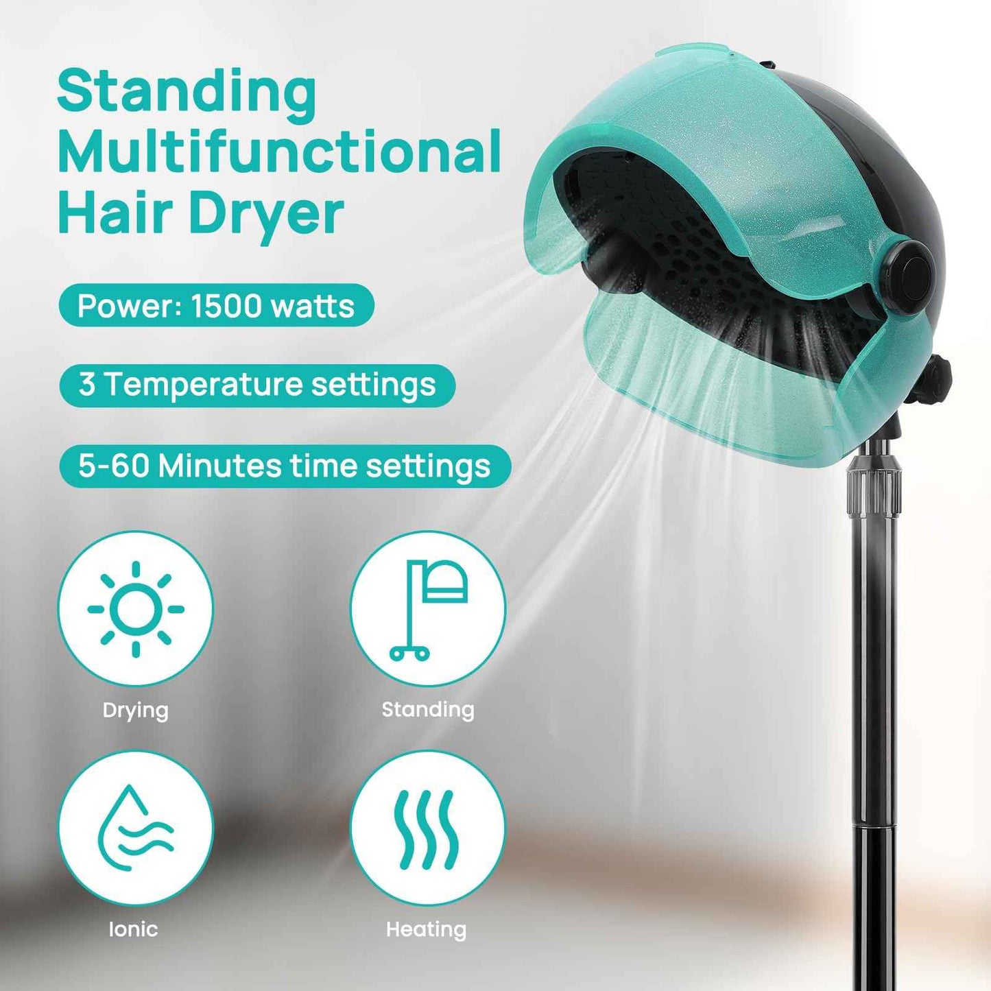 Hooded Hair Dryer, Professional Hood Dryer on Wheels, Standing Hair Dryer with Touch Controls, 3 Settings for Salon and Home Use, 1500W