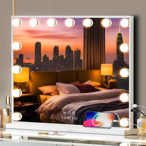 VANITII Hollywood Vanity Mirror with Lights USB Charging 22.8”*18.1” Lighted Makeup Mirror with 15 LED Bulbs Dimmable 3 Modes Tabletop for Cosmetic