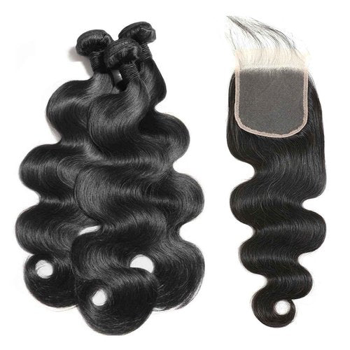 Body Wave Bundles with Closure 20 22 24+18 Inch 100% Brazilian Virgin Human Hair Bundles with Closure 12A Unprocessed Body Wave Weave 3 Bundles Human Hair with Closure 4x4 HD Lace