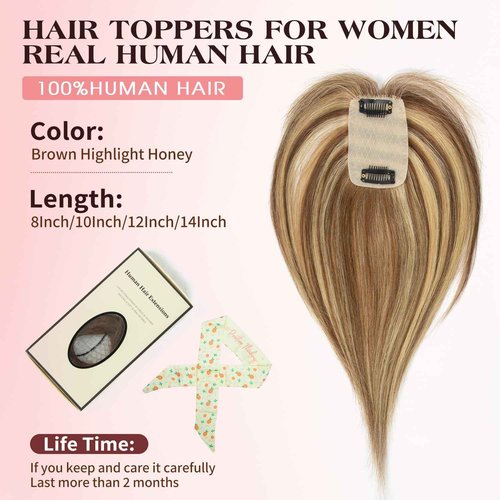 isheeny Human Hair Topper for Women 14Inch Real Human Hair Toppers For Changing Your Look, Brown Highlight Honey Natural Hair Pieces for Women With Artificial Base & 2 Secure Clips