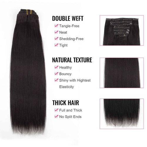 ABH AmazingBeauty Hair Real Remy Thick Yaki Straight Clip Ins Black Hair Extensions for African American Relaxed Hair 7 Pieces 120 Gram Per Set, 14 Inch