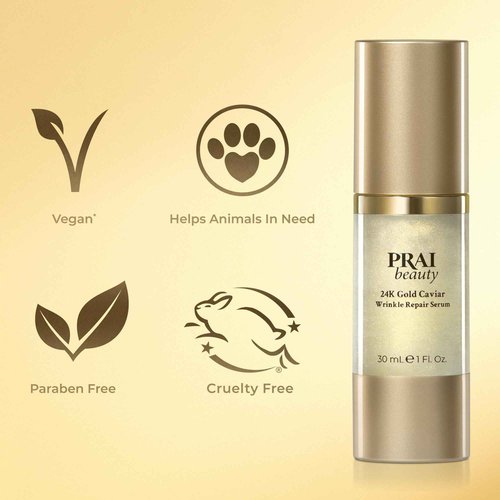 PRAI Beauty 24K Gold Caviar Wrinkle Repair Serum for Face | Anti-Aging Serum with Hyaluronic Acid to Plump and Fill In Wrinkles | Anti-Wrinkle Serum with Vitamin C for Brighter, Firmer Skin | 1.7 Oz