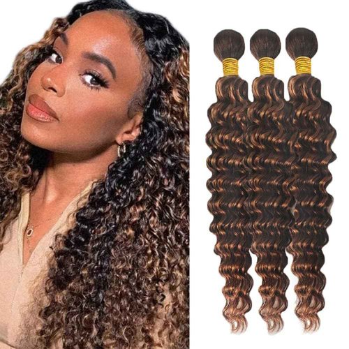 Xddnamei Deep Wave Human Hair Bundles 8 10 12 Inch Brazilian Chocolate Brown Highlight P4/30 12A Raw Unprocessed Brazilian Virgin Quick Weave Hair for Black Women