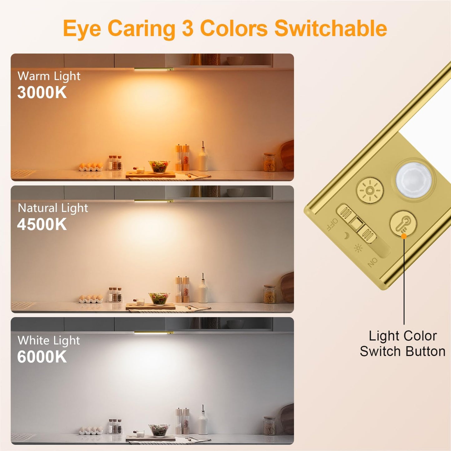 Gritin 10.2inch Under Cabinet Lighting Rechargeable -84 LED Super Bright,3-Color& 5 Level Brightness,4 Modes,Motion Sensor, Long Lasting- Easy Installation Magnetic Closet Lights -2 Pack-Gold