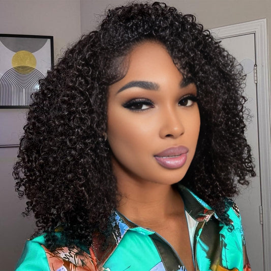 Kinky Curly Half Wig Human Hair 200% Density Headband Wig Upgrade 3 In 1 Half Wig with Drawstring Seamless Clip Ins Flip Over Wear Go Glueless Wigs 100% Human Hair for Women Beginner Friendly 16 Inch